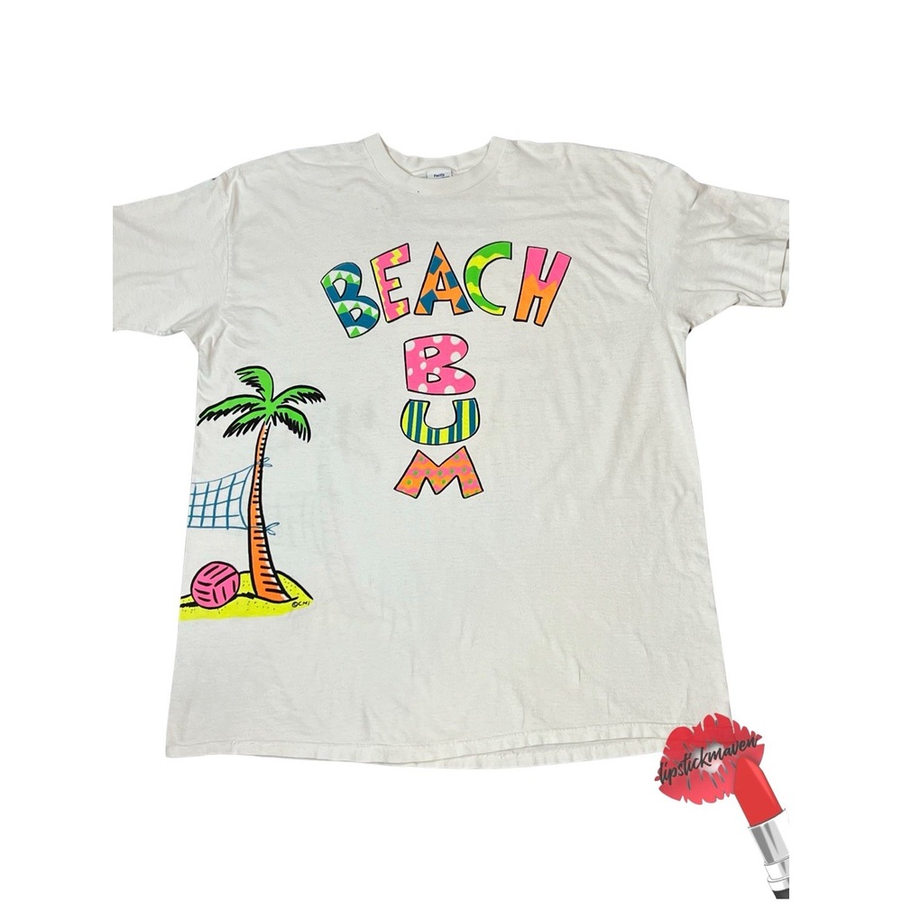 Vintage‎ Beach Bum T-Shirt Unisex Large White 90s Colorful Shirt Single Stitch